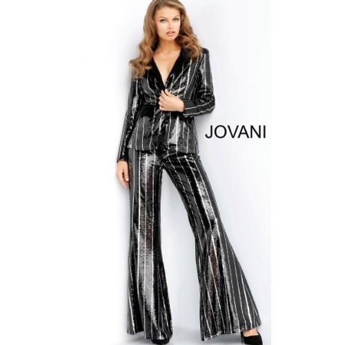 Jovani Black Metallic Pinstripe Pantsuit
